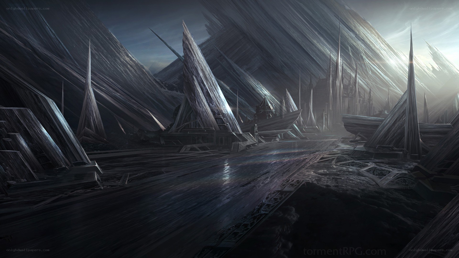ruined cityscape with spires