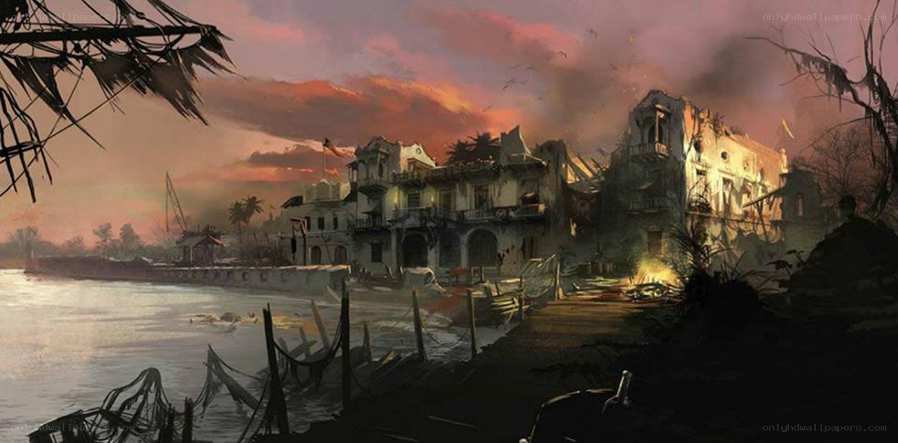 ruined coastal town at dusk