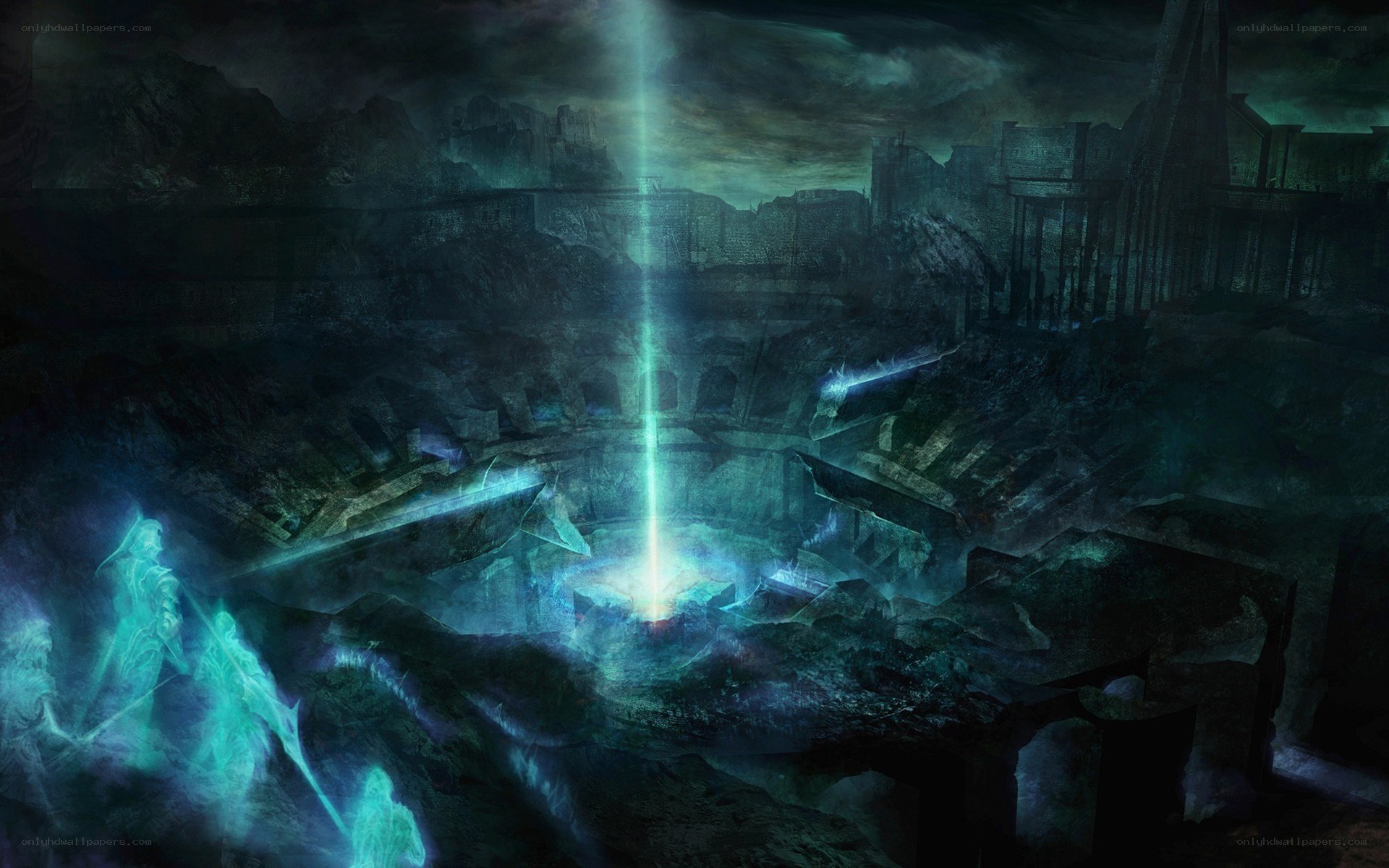 ruined coliseum with glowing beam