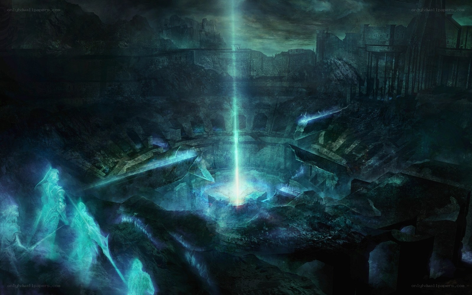 ruined coliseum with glowing light