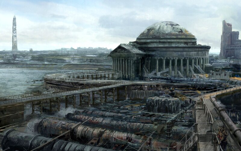 Ruined Domed Building — Gray, Dramatic, Digital Art, River