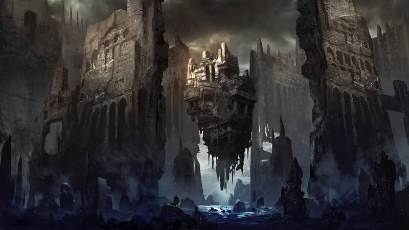 Ruined Floating City — Gray, Dramatic