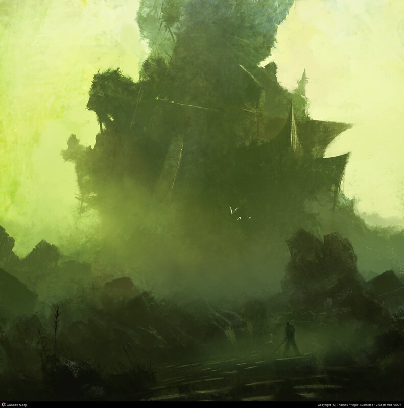 Ruined fortress in green mist