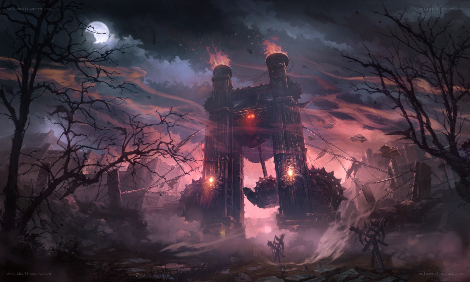 ruined fortress under moonlight