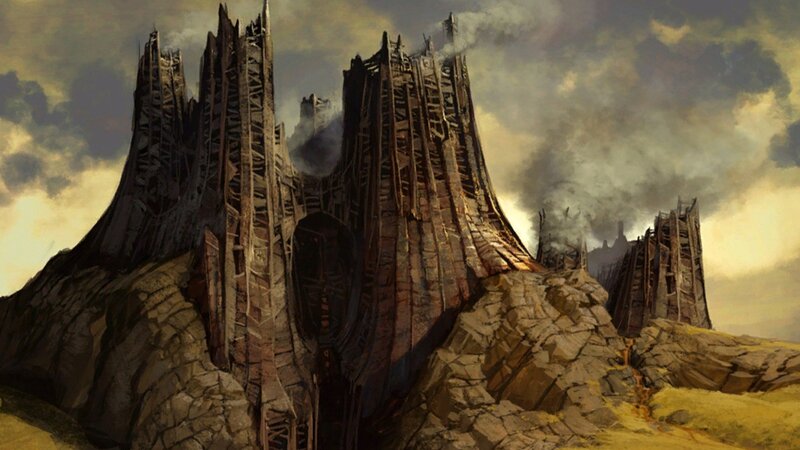ruined fortress under stormy sky