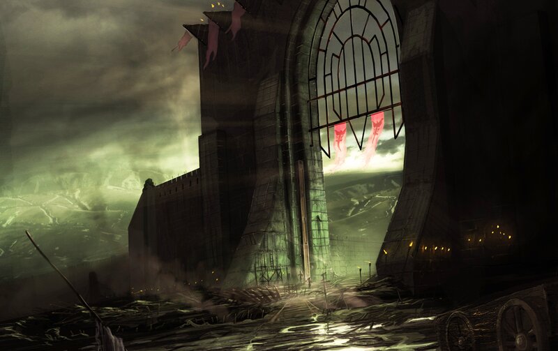 ruined fortress under stormy sky