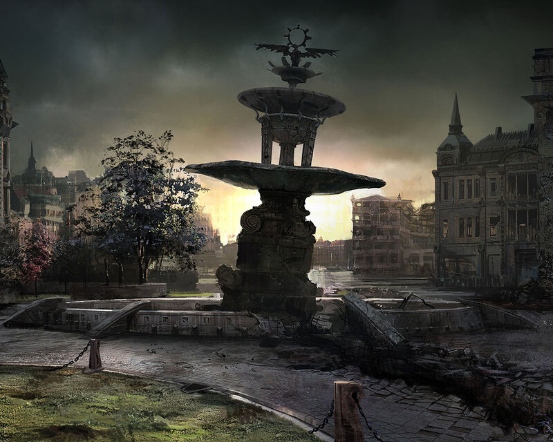 Ruined Fountain in City — Gray