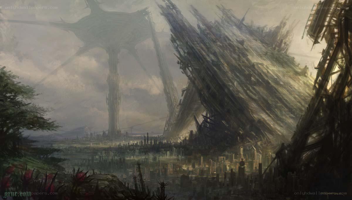 ruined futuristic cityscape