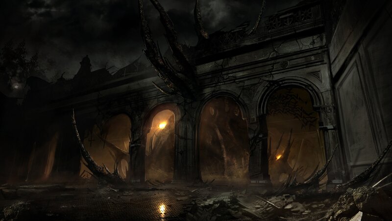 ruined gothic archway at night