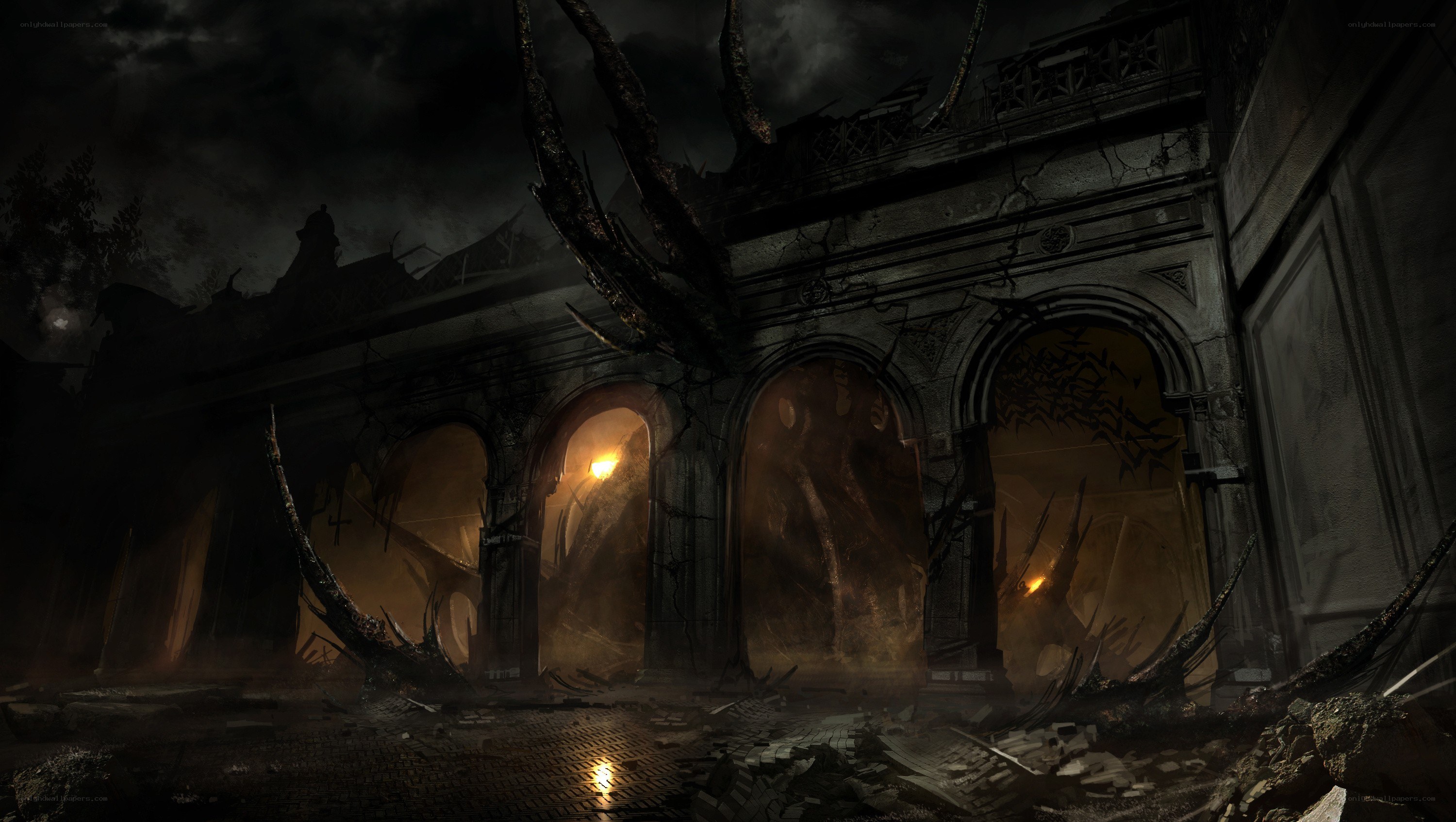 ruined gothic archway at night