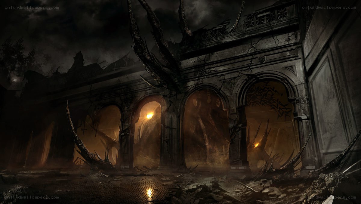 ruined gothic archway at night