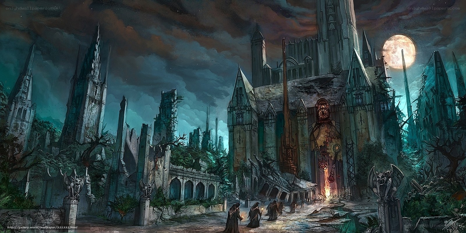 ruined gothic city at night