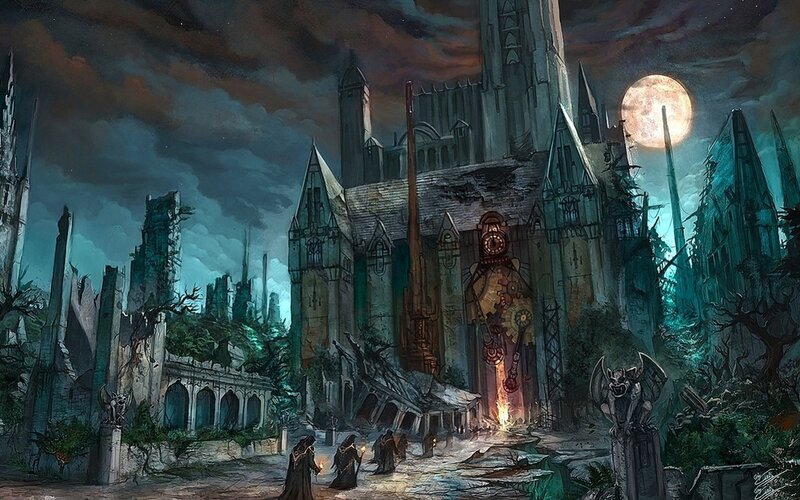 ruined gothic city at night