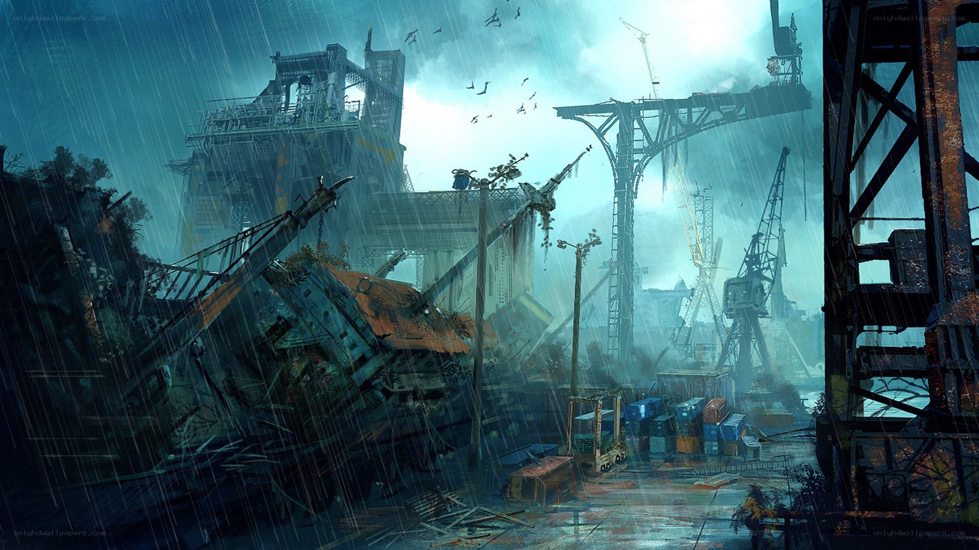 ruined industrial port in rain