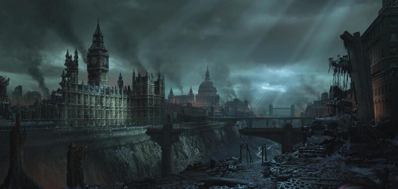 Ruined London Cityscape — Gray, Dramatic, Night