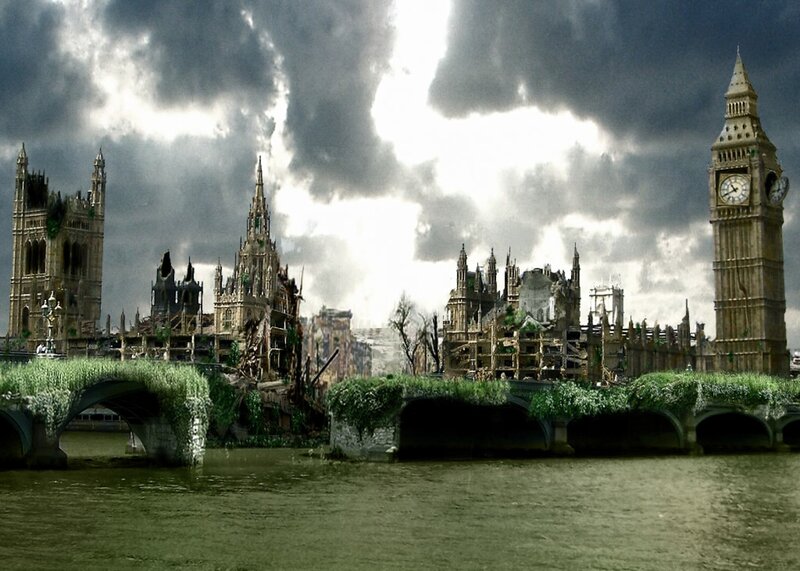 Ruined London Skyline — Gray, Dramatic, Digital Art