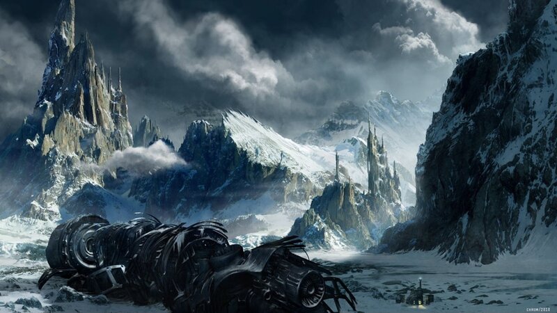 ruined mech in snowy mountains