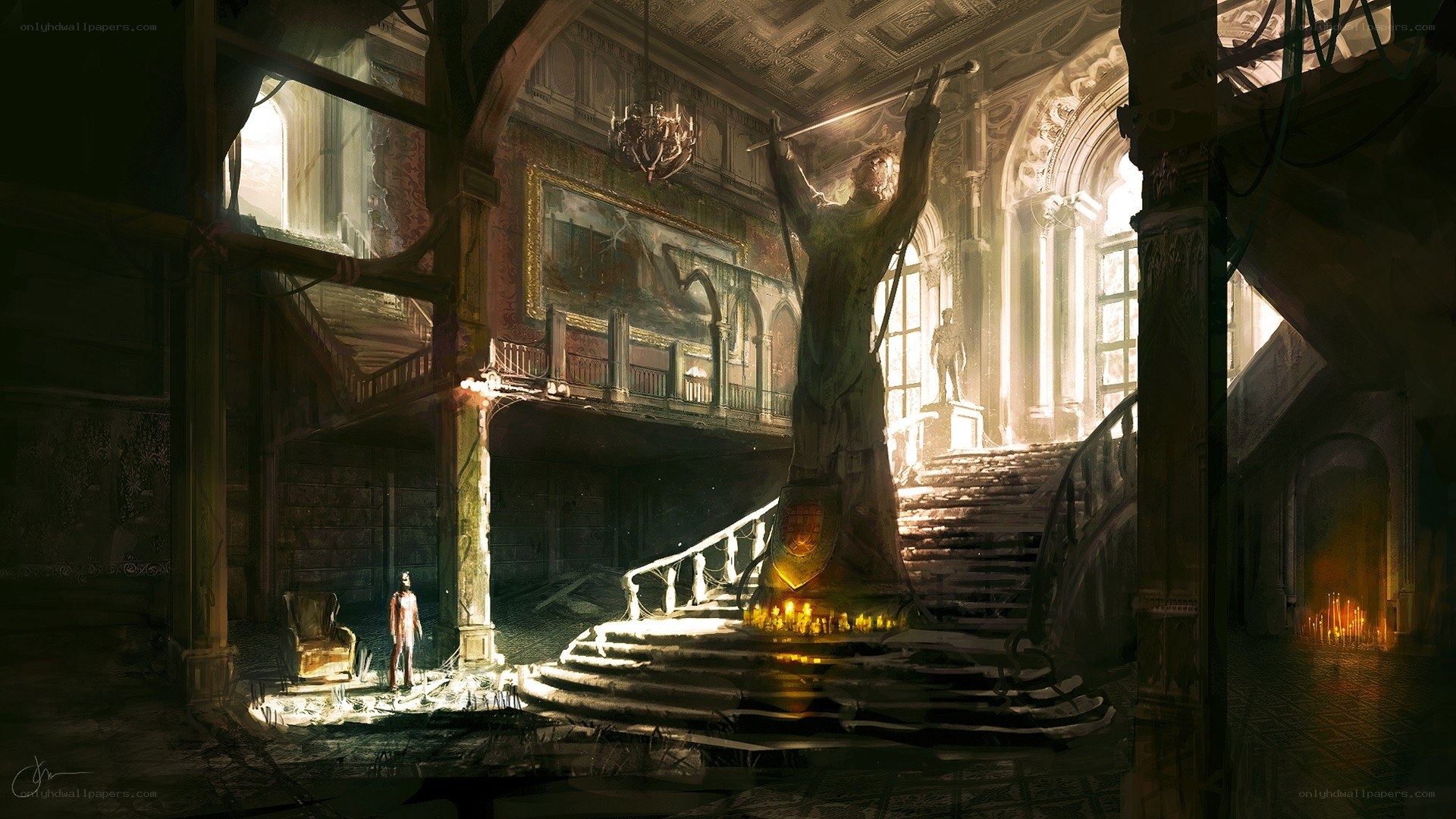 Ruined palace hall with statue