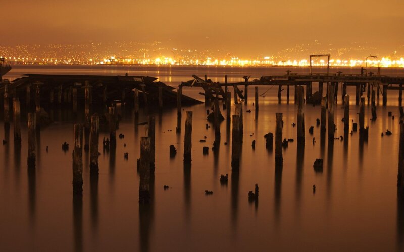 Ruined Pier at Night — Orange, Dramatic, Photograph, Water