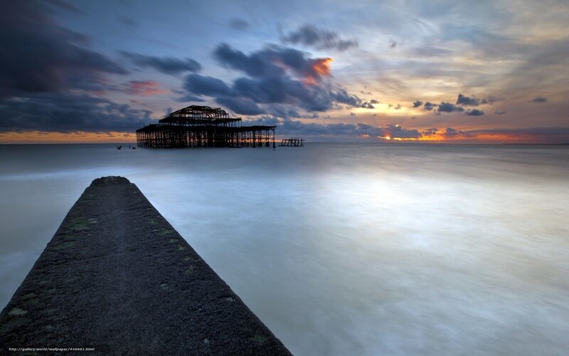 Ruined Pier at Sunset — Blue, Dramatic, Photograph, Ocean