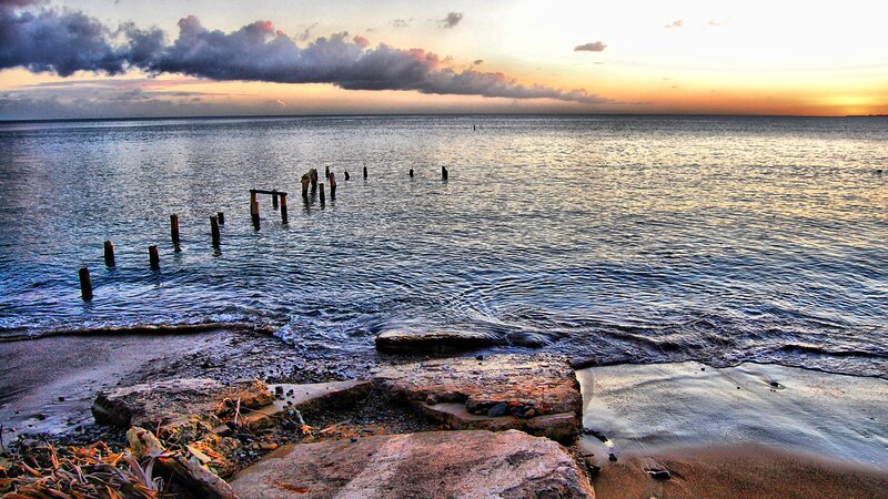 Ruined Pier at Sunset — Blue, Dramatic, Photograph