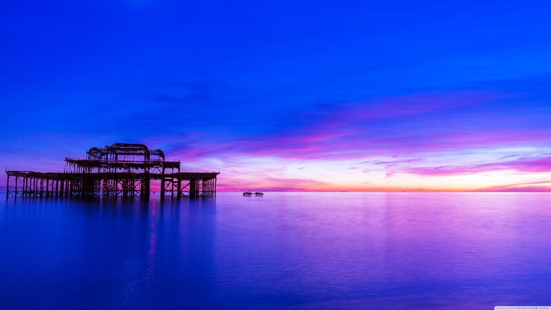 Ruined Pier at Sunset — Blue, Serene