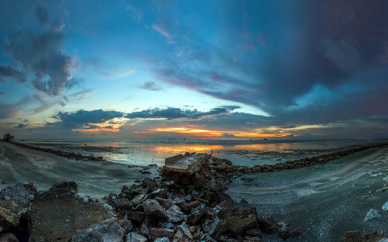 Ruined Pier at Sunset — Blue