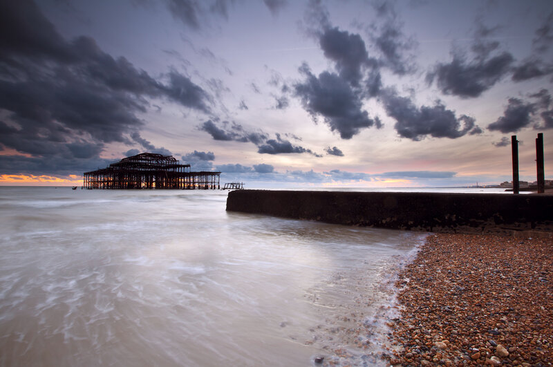 Ruined Pier at Sunset — Gray