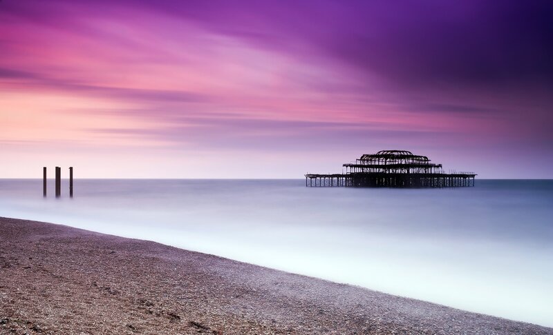 Ruined Pier at Sunset — Purple, Serene, Photograph, Beach, Ocean