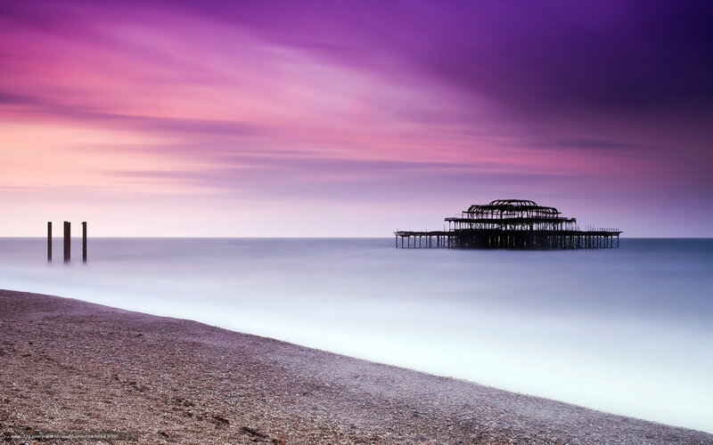 Ruined Pier at Sunset — Purple, Serene, Photograph, Beach
