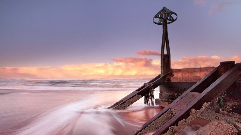 Ruined Pier at Sunset — Purple, Serene