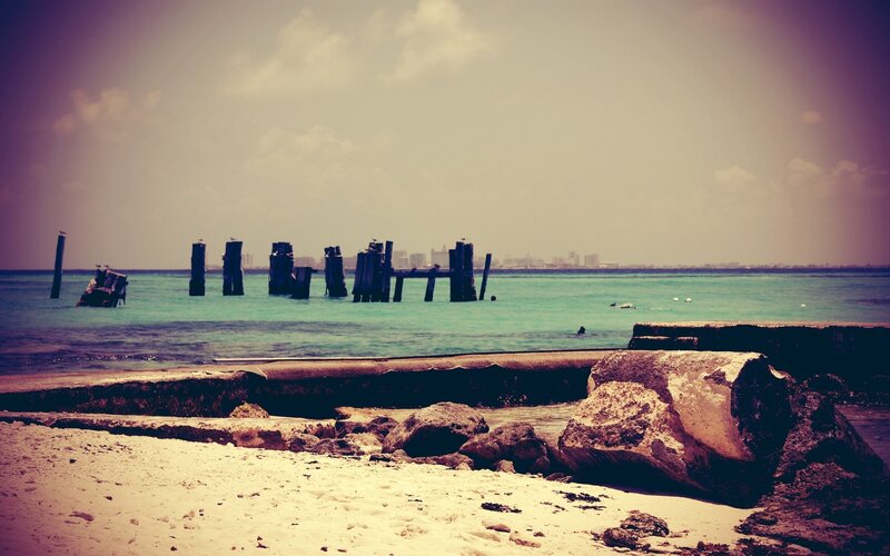 Ruined Pier in Ocean — Blue