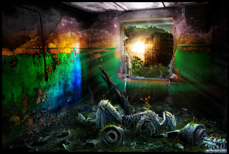 Ruined room with robot corpse