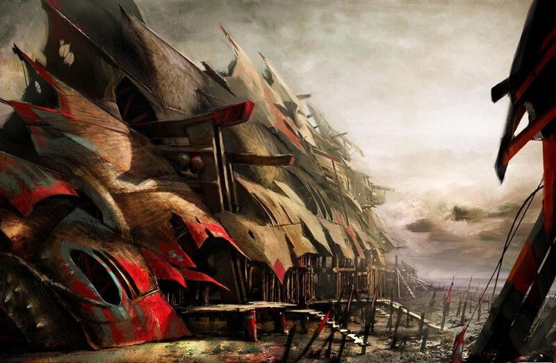ruined shipyard under stormy sky