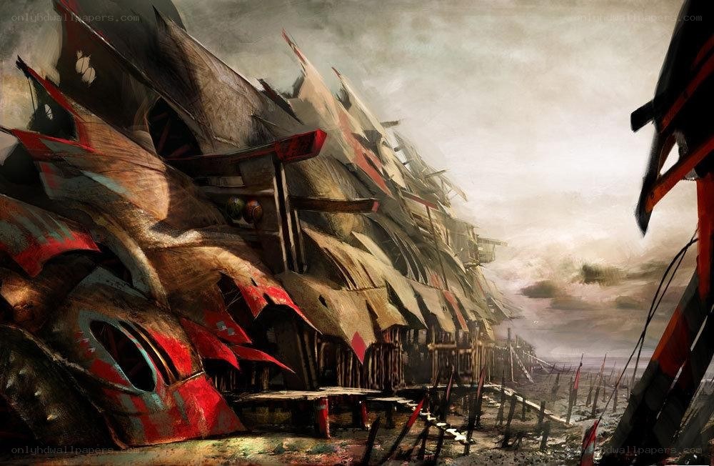 ruined shipyard under stormy sky
