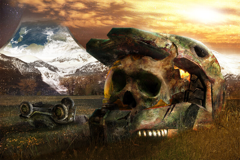Ruined skull in alien landscape