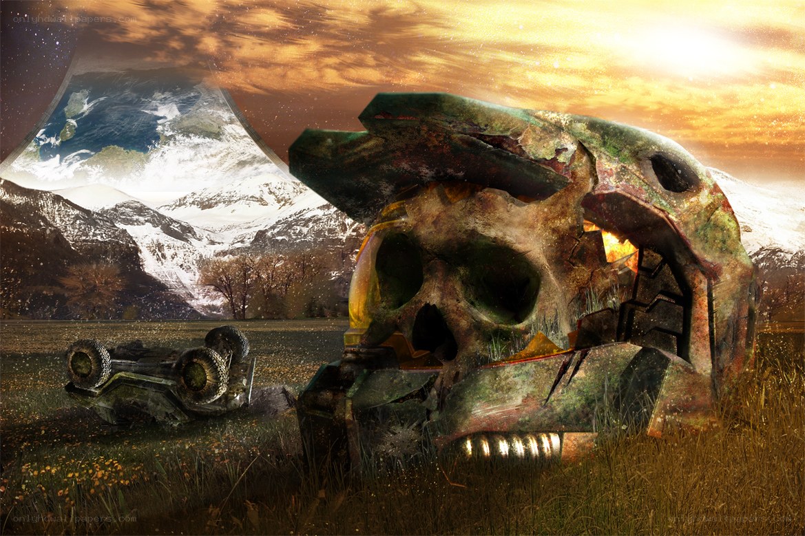 Ruined skull in alien landscape