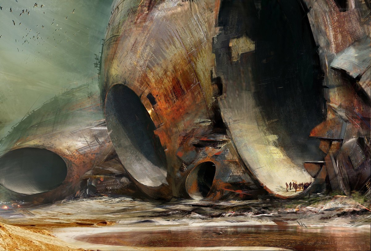 ruined spacecraft on alien planet