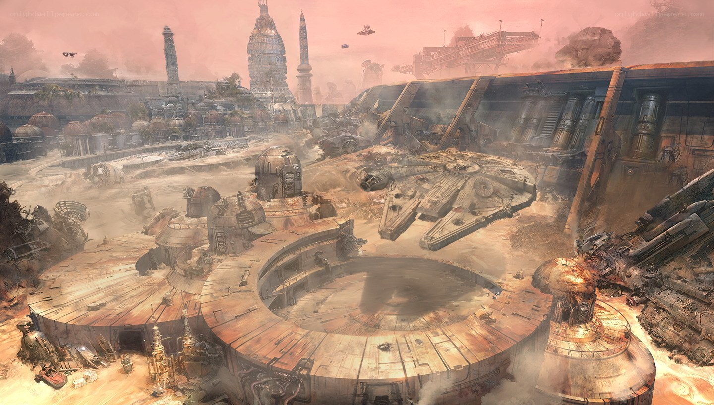 ruined spaceport with millennium falcon