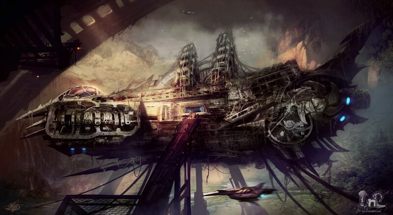 ruined spaceship in cavern