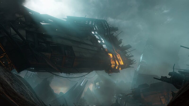 ruined spaceship in fog