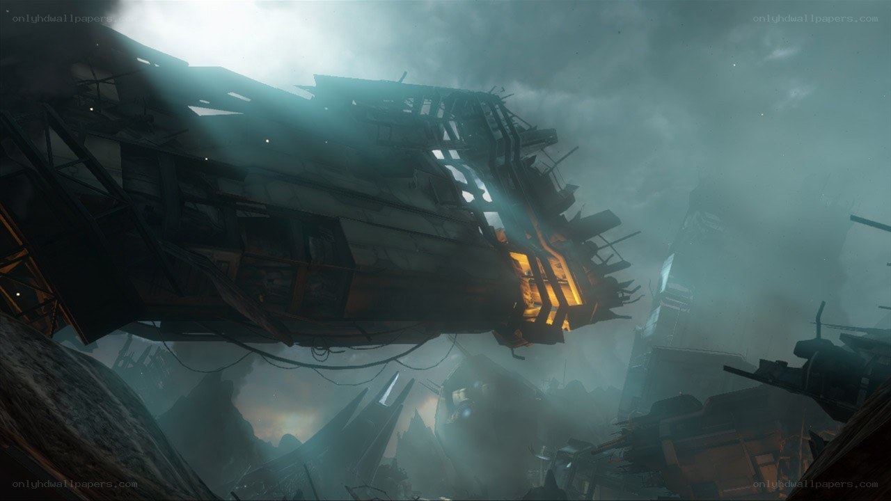 ruined spaceship in fog