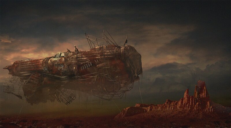 ruined spaceship on alien planet