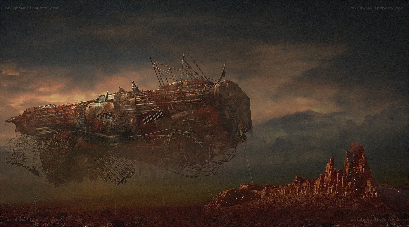 ruined spaceship on alien planet