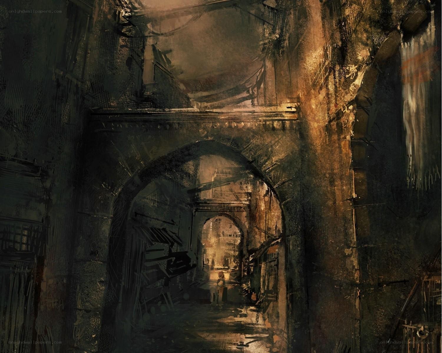 ruined stone archway corridor