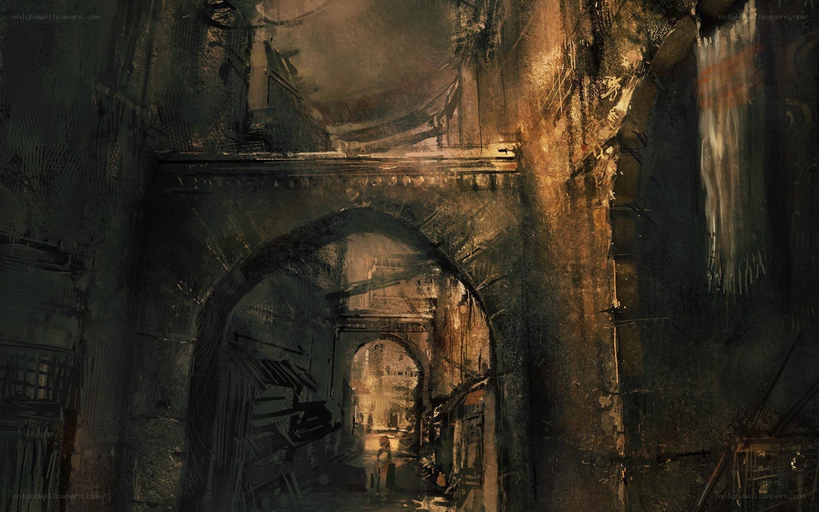 ruined stone archway corridor