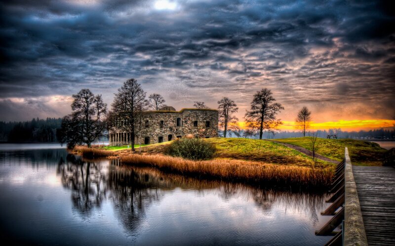Ruined Stone Building — Blue, Dramatic, Sunset, Photograph, Lake