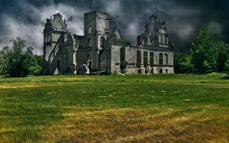 Ruined Stone Building — Green, Dramatic, Afternoon, Photograph, Clouds