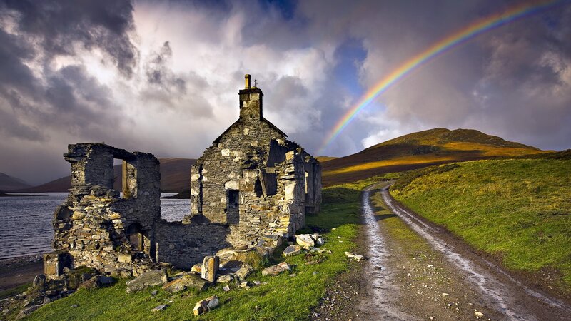 Ruined Stone Building — Green, Dramatic, Afternoon, Photograph, Rainbow