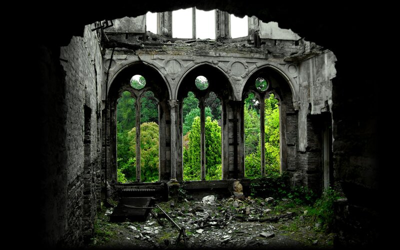 Ruined Stone Building — Green, Dramatic, Photograph, Arches